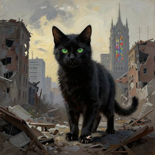 Digital painting of a black cat with bright green eyes standing amidst a ruined, war-torn city with a colorful cathedral in the background.
