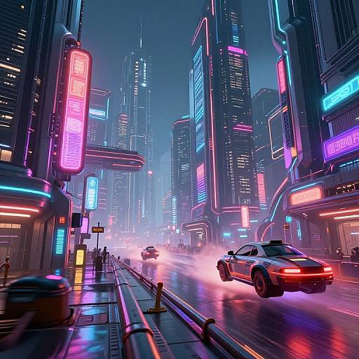 Futuristic Neon Cityscape with Hover Vehicles