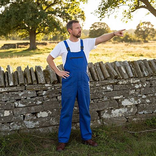 Man in Blue Overalls Pointing Outdoors