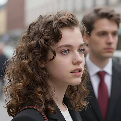Young Woman with Curly Hair and Man in Suit