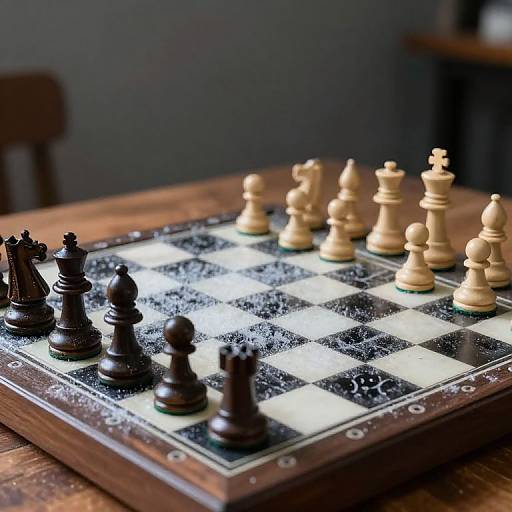 Photograph of a wooden chessboard with black and white pieces, dusted with powder, on a rustic wooden table, blurred background.