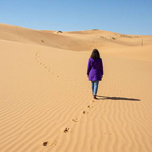 Photograph of a curly-haired child in purple coat and blue jeans walking alone in bright orange desert sand with footprints and clear blue sky.