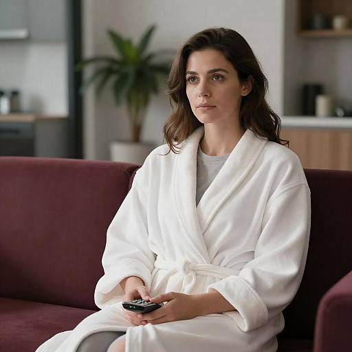 Woman in Bathrobe Sitting on Couch Holding Remote