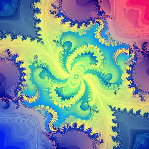 Abstract digital art of a vibrant, swirling pattern in bright yellow, blue, and purple hues, with intricate, fractal-like textures and glowing edges.