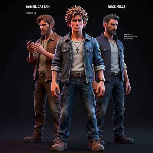 CGI image of three muscular men in denim jackets and jeans, standing back-to-back, labeled 