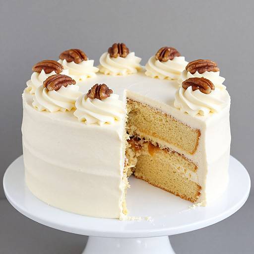 Photograph of a vanilla cake with white frosting, topped with whole hazelnuts, on a white stand, with a slice removed.