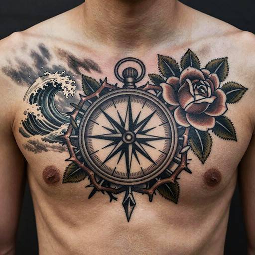 Vintage Compass and Thorny Roses Tattoo