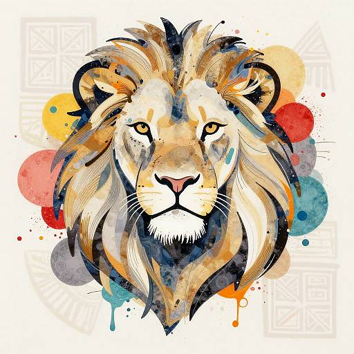Watercolor-style lion head portrait with vibrant splashes of red, yellow, blue, and orange, featuring detailed fur textures and intense gaze.