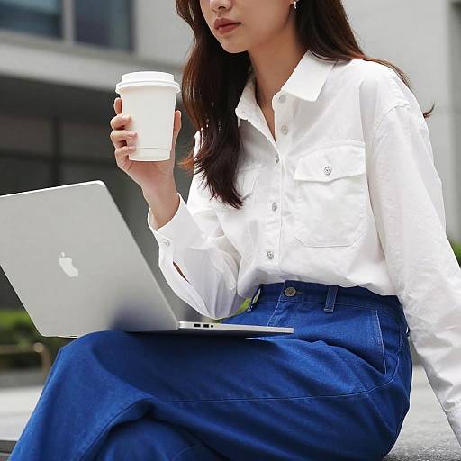 K-pop Girl Sitting with Coffee, Laptop