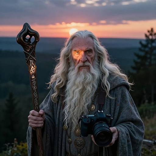 Photograph of an elderly wizard with long white beard, holding a staff and camera, against a sunset-lit forest background.