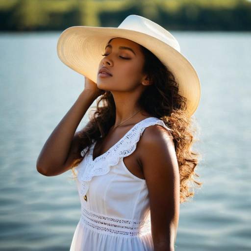 Woman in White Dress and Sun Hat by Water