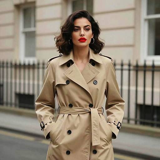 Photograph of a stylish woman with wavy dark hair, red lipstick, and beige trench coat standing on a city street.