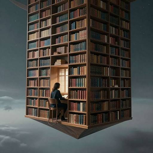 Photograph-style CGI: Silhouetted woman with curly hair reads in a floating, towering bookshelf filled with colorful books, set against a star