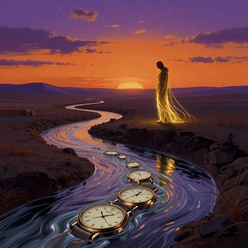 Digital art: Silhouetted woman in flowing dress stands by glowing clock path, leading to sunset over vibrant orange and purple sky.