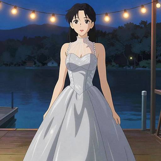 Anime-style digital drawing of a smiling woman in a white, strapless wedding dress, standing on a wooden dock at night, with string lights and a