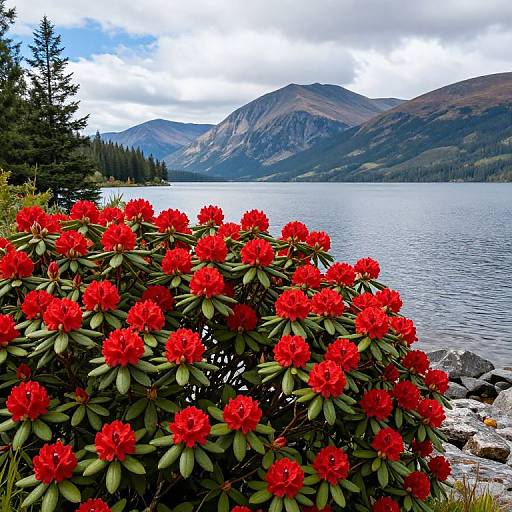 Vibrant Red Rhododendrons by Lake