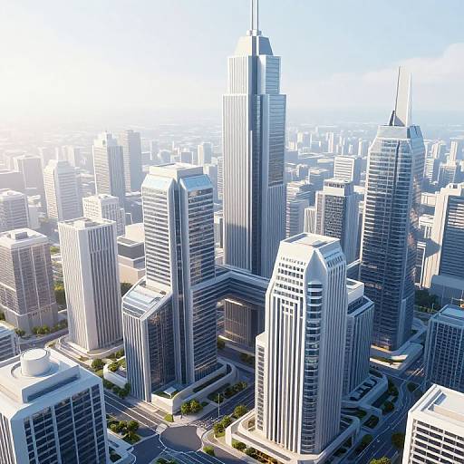 Photorealistic CGI of a bustling, sunlit cityscape with towering, modern skyscrapers, featuring sleek glass and steel buildings, winding streets,