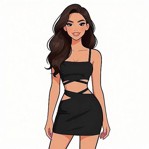 Digital illustration of a smiling woman with long dark hair, wearing a black crop top and high-waisted skirt with cutouts, standing against a white