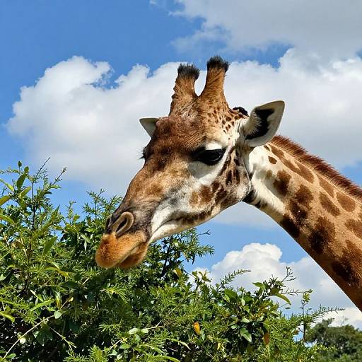 Photograph of a giraffe with a brown and white patterned coat, tall ears, and small ossicones, eating green foliage against a bright