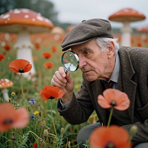 Elderly Man Examining Poppy Surreal