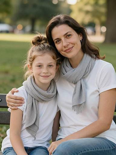 Mother and Daughter Sitting on Park Bench