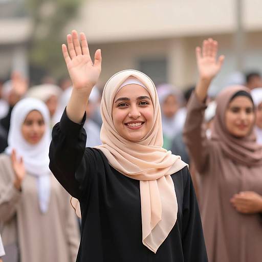 Photograph of a smiling young Muslim woman with light brown skin, white hijab, and black abaya, waving cheerfully among a crowd of similarly
