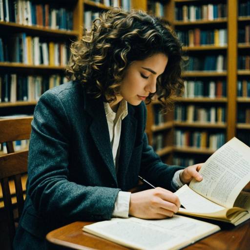 Young Woman Studying Manuscript in Library Young Woman Studying Manuscript in Library