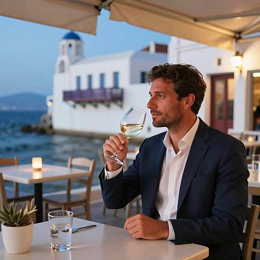 Photograph of a handsome, dark-haired man in a black suit, white shirt, sipping white wine at a seaside restaurant. White building and ocean