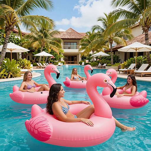 Women on Flamingo Tubes in Resort