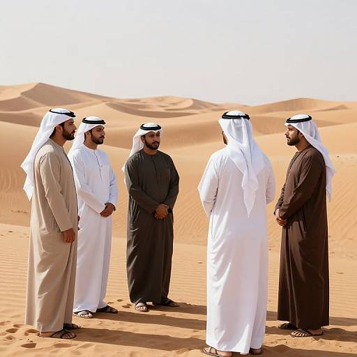 Photograph of six Middle Eastern men in traditional white and black thobes and headscarves standing in a sunlit desert with sand dunes in