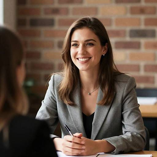 Smiling businesswoman in gray blazer