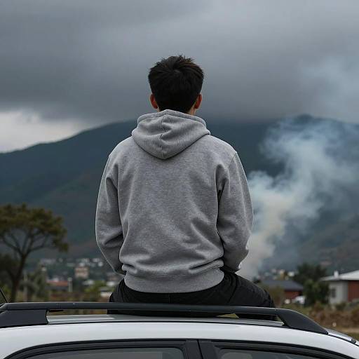 Man on Car Roof Under Dark Clouds