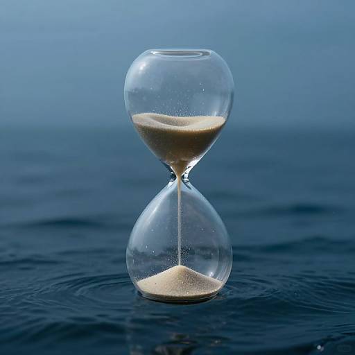 Photograph of a clear glass hourglass with sand, set against a deep blue background and dark blue textured surface.