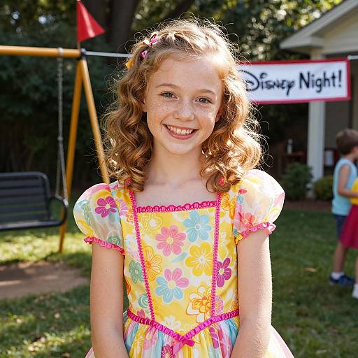 Photograph of a smiling young girl with curly red hair, wearing a colorful floral dress with pink trim, standing in a sunny backyard with a 
