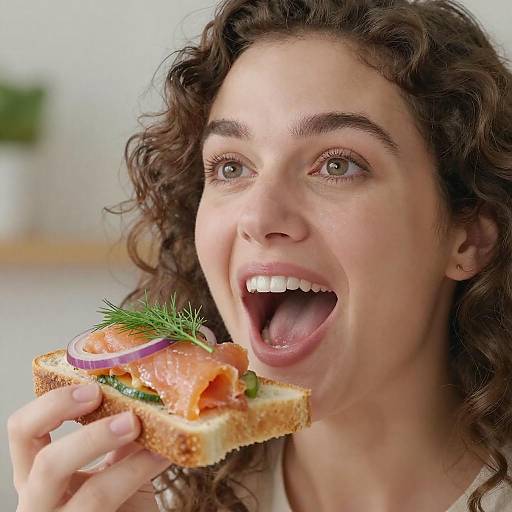 Excited Woman Enjoying Gourmet Toast