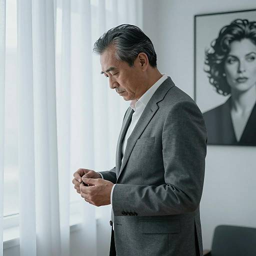 Middle-aged Man in Gray Suit Standing by Window