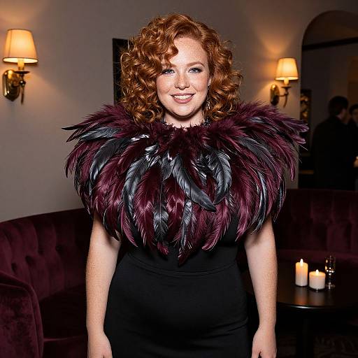 Photograph of a smiling red-haired woman with curly hair, wearing a black dress with a dramatic, dark purple feathered neckline, in a dimly