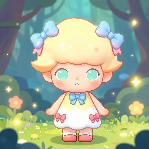 Cute chibi-style blonde boy with blue bows, blue eyes, white dress, and red shoes, standing in a magical forest with glowing flowers and