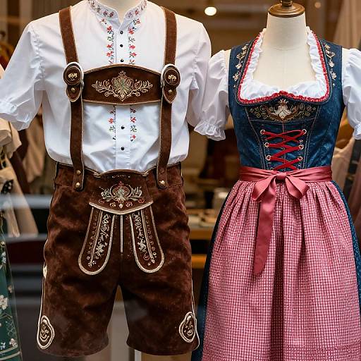 Photograph of two mannequins wearing traditional Bavarian attire: brown leather Lederhosen with floral embroidery, white shirts, and blue bod