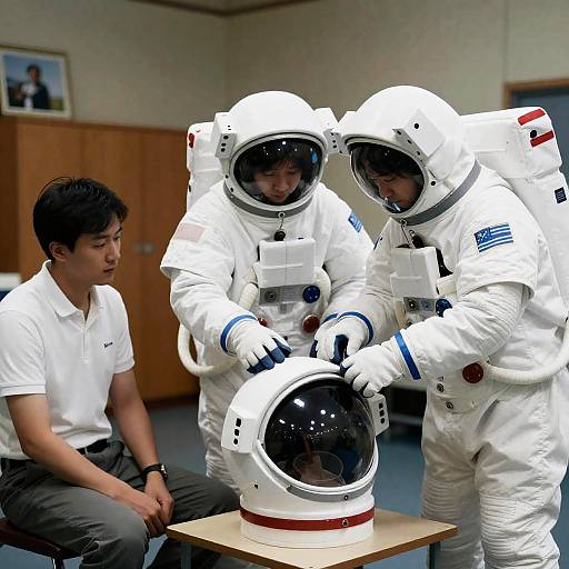 Astronauts Repairing Space Helmet in Dim Room