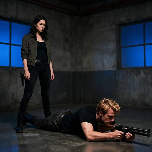 Man Aiming Multi-Barreled Gun with Woman Observing in Industrial Room