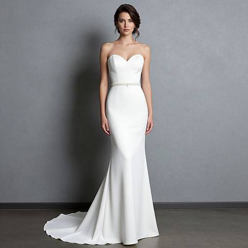 Photograph of a slender woman with dark hair in an elegant strapless white satin wedding gown, standing against a plain gray wall.