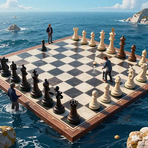 Photorealistic CGI: Chessboard floating in ocean with two men, one dark-haired, one brown-haired, playing chess against a backdrop of blue sea