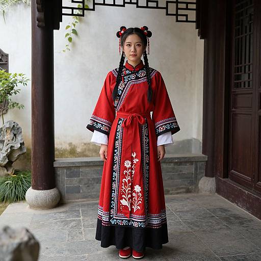 Photograph of an East Asian woman in traditional red embroidered robe with black trim, white sleeves, and braided hair, standing in a traditional Chinese courtyard