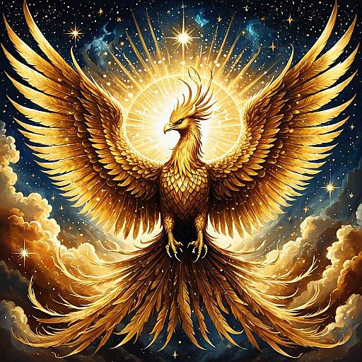 Majestic Golden Phoenix in Celestial Sky