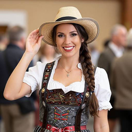 Photograph of a smiling woman with long braided brown hair, wearing a straw hat, white blouse, and black lace-up dirndl dress, adjusting