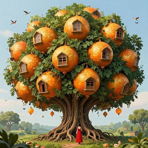 Digital art of a giant orange tree with numerous fairy-tale houses nestled in its branches, a small girl in a red dress stands at its base.