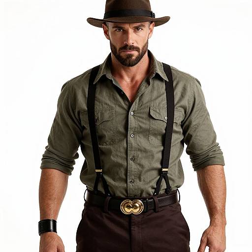 Photograph of a muscular, bearded man wearing a brown hat, green shirt, black suspenders, and black pants, with a gold belt buckle