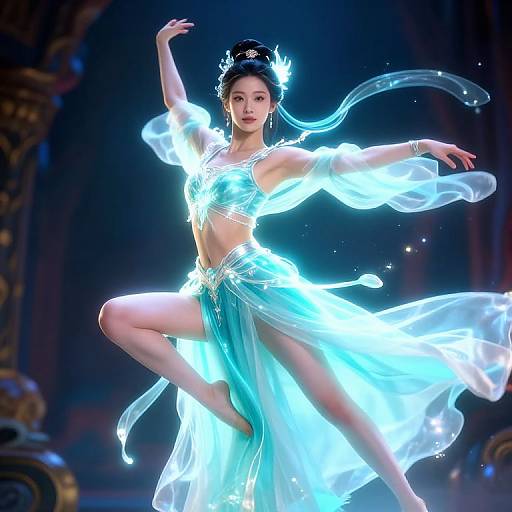 Photorealistic digital artwork of an ethereal, glowing Asian dancer in a radiant blue, translucent, flowing costume, performing a graceful pose against a dark
