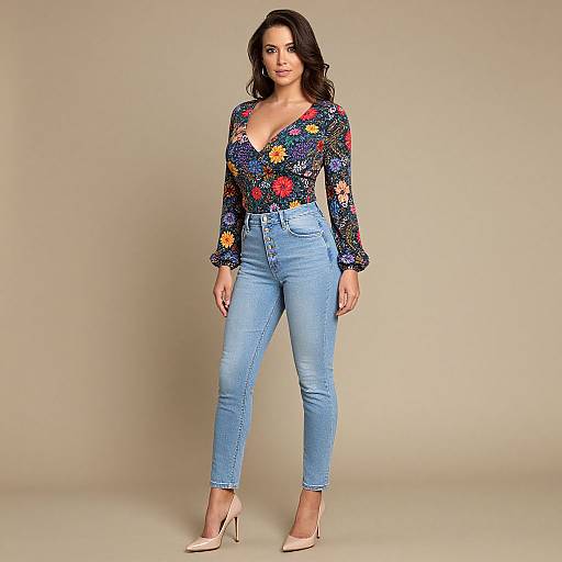 Photograph of a woman with long dark hair, wearing a floral-patterned, deep V-neck blouse and light blue high-waisted jeans, standing